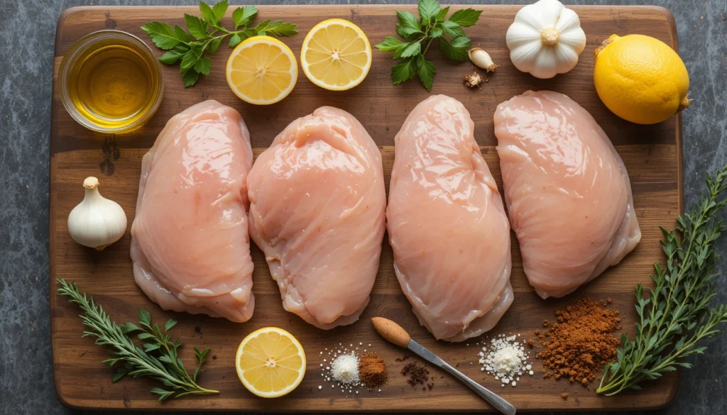 Ingredients for chicken recipes including chicken breasts, herbs, garlic, and fresh vegetables.