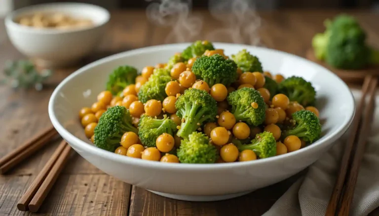 Chickpea Broccoli Stir Fry with Garlic Sauce served in a bowl with broccoli and chickpeas coated in savory sauce