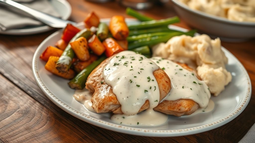 Creamy Ranch Chicken Dinner served with roasted vegetables and mashed potatoes