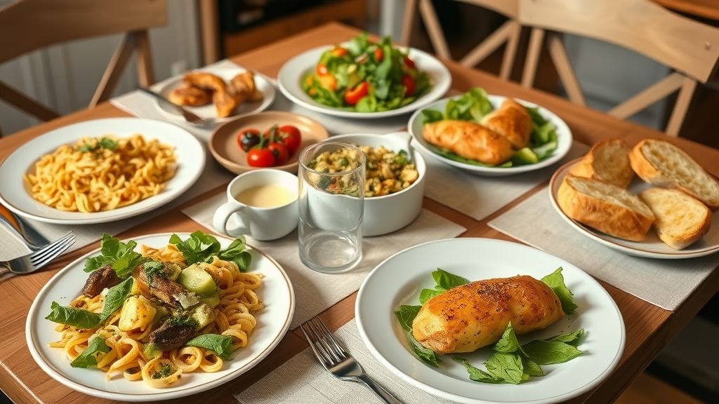 Dinner Recipes – Easy, Delicious & Family-Friendly Ideas with pasta, chicken, salad, and bread on a family dinner table