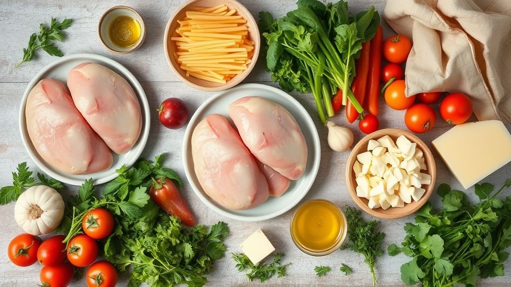 Ingredients for dinner recipes including chicken, pasta, fresh vegetables, cheese, and herbs.