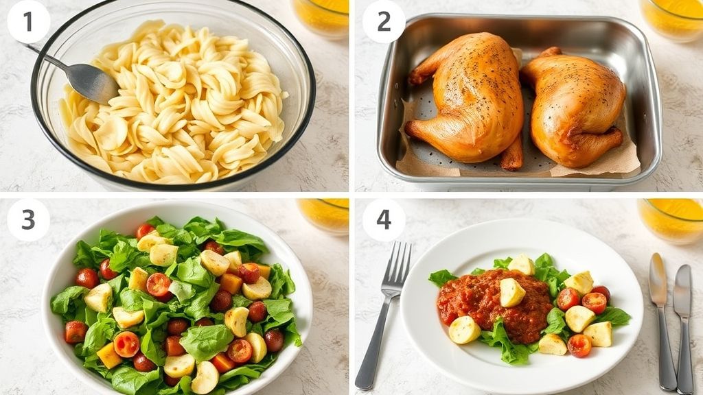 Step-by-step instructions showing how to prepare easy dinner recipes from cooking to serving.