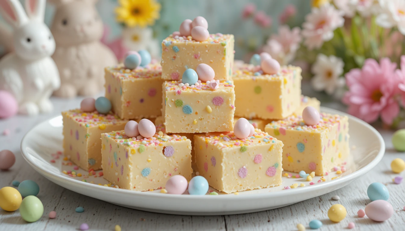 Easy Easter Fudge squares topped with pastel sprinkles and mini eggs on a festive plate
