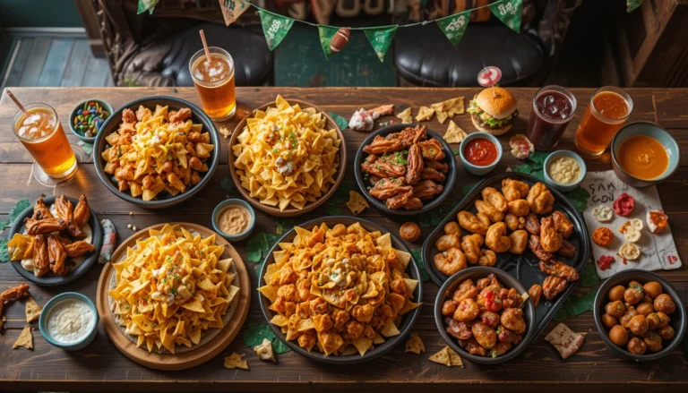 A variety of Easy Game Day Food Ideas including sliders, wings, nachos, and dips on a festive table