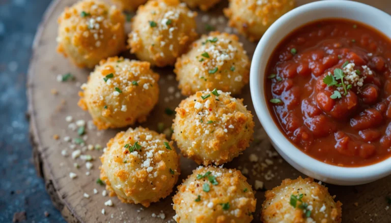 Easy Parmesan Crusted Tortellini Bites Recipe served with marinara dipping sauce.