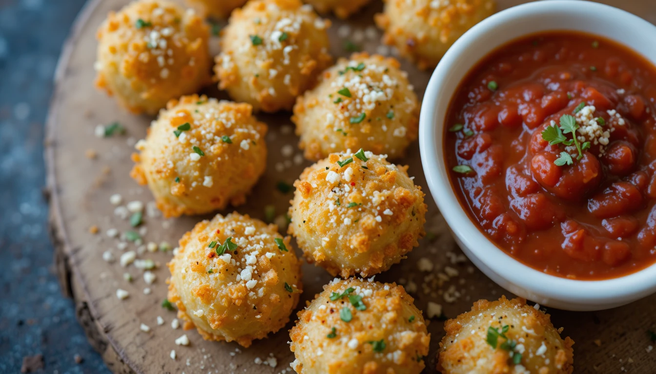 Easy Parmesan Crusted Tortellini Bites Recipe served with marinara dipping sauce.