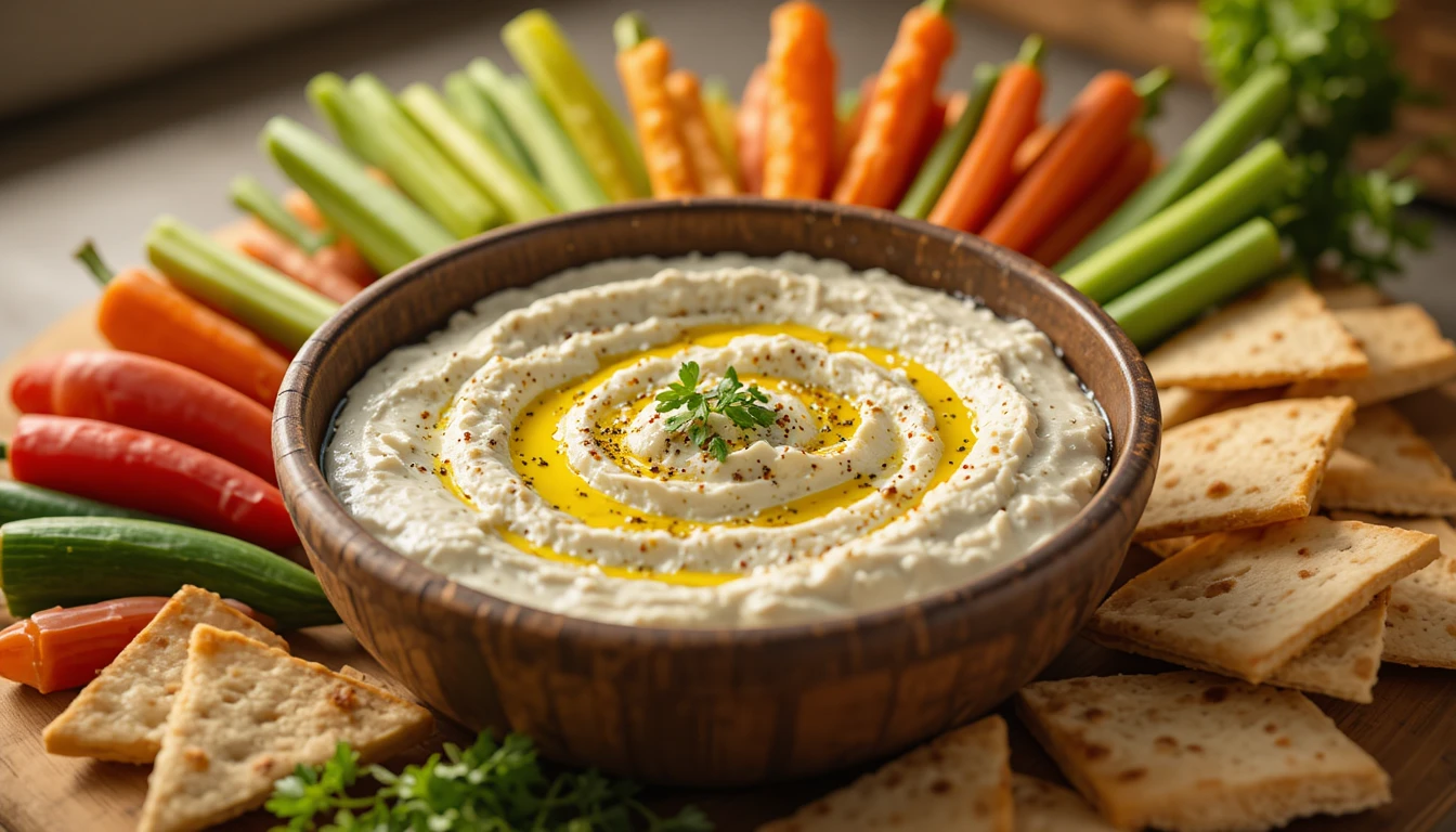 Garlic Feta Dip garnished with herbs and olive oil, served with vegetables and pita chips.