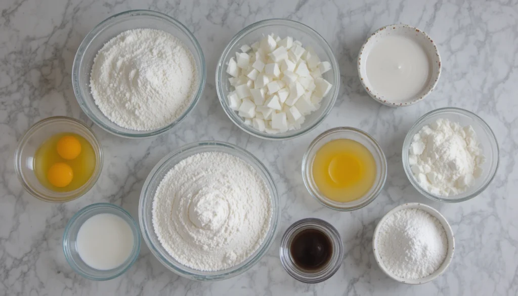 Ingredients for Air Fryer Funnel Cake Bites including flour, sugar, eggs, milk, and vanilla.
