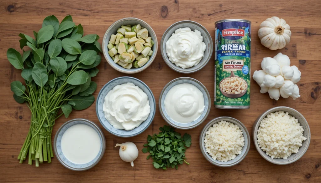 Ingredients for Applebee’s Spinach Artichoke Dip including spinach, artichokes, and cheeses.