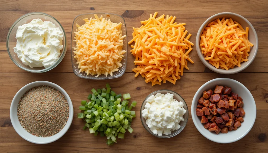 Ingredients for Bacon Ranch Cheddar Cheese Ball including cream cheese, cheddar, ranch seasoning, and bacon bits