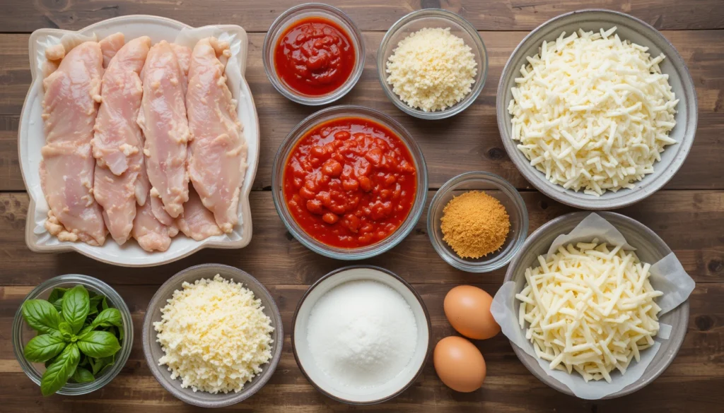 Ingredients for Chicken Parmesan Sliders including chicken, slider buns, marinara, mozzarella, Parmesan, and breadcrumbs.