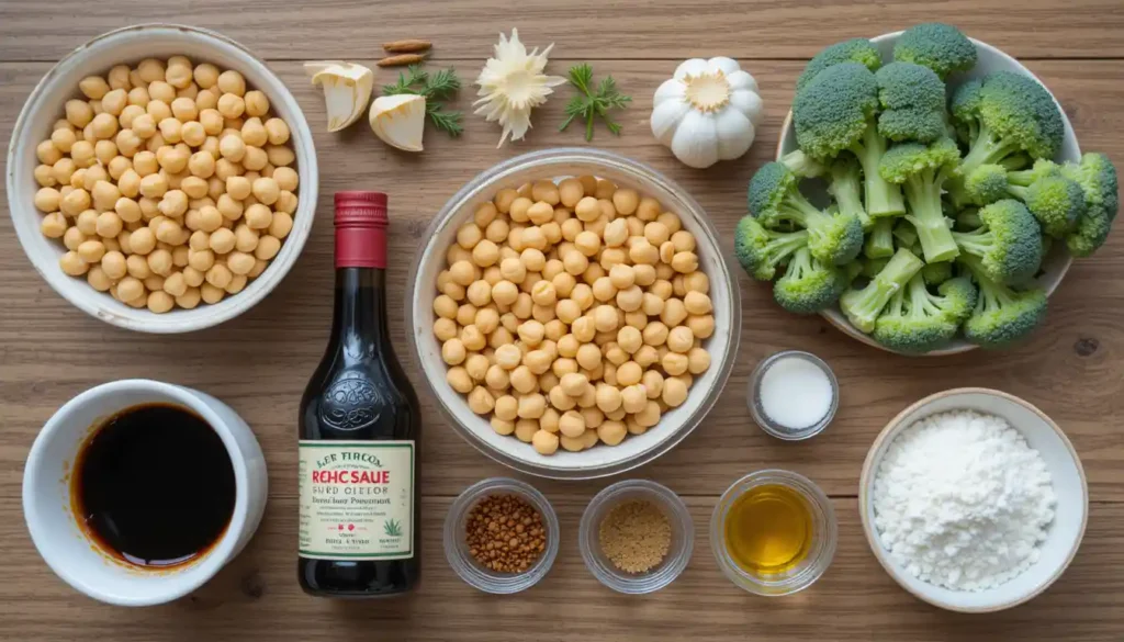 Ingredients for Chickpea Broccoli Stir Fry with Garlic Sauce including broccoli, chickpeas, garlic, soy sauce, and sesame oil