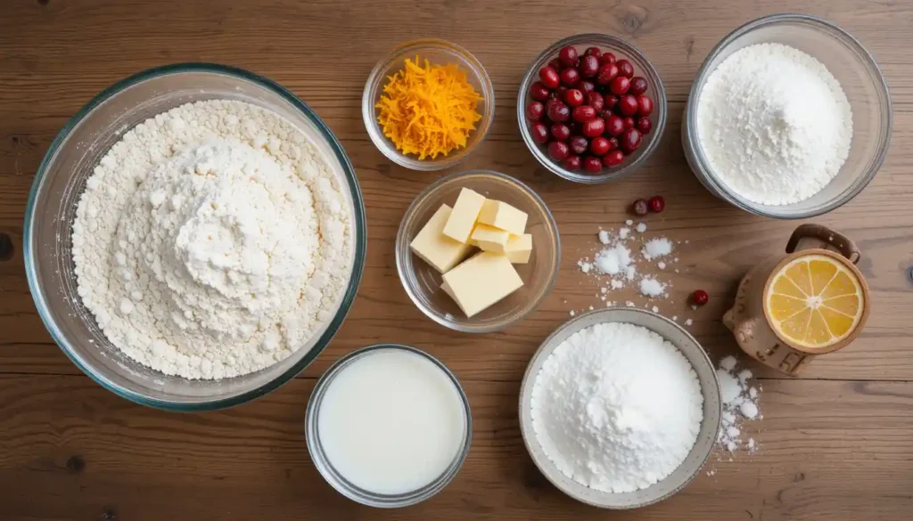Ingredients for Easy Cranberry Orange Scones including flour, cranberries, butter, and orange zest