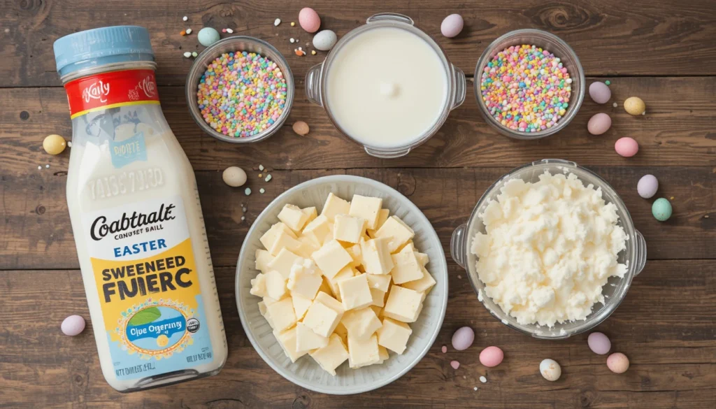 Ingredients for Easy Easter Fudge including white chocolate, condensed milk, butter, sprinkles, and mini eggs