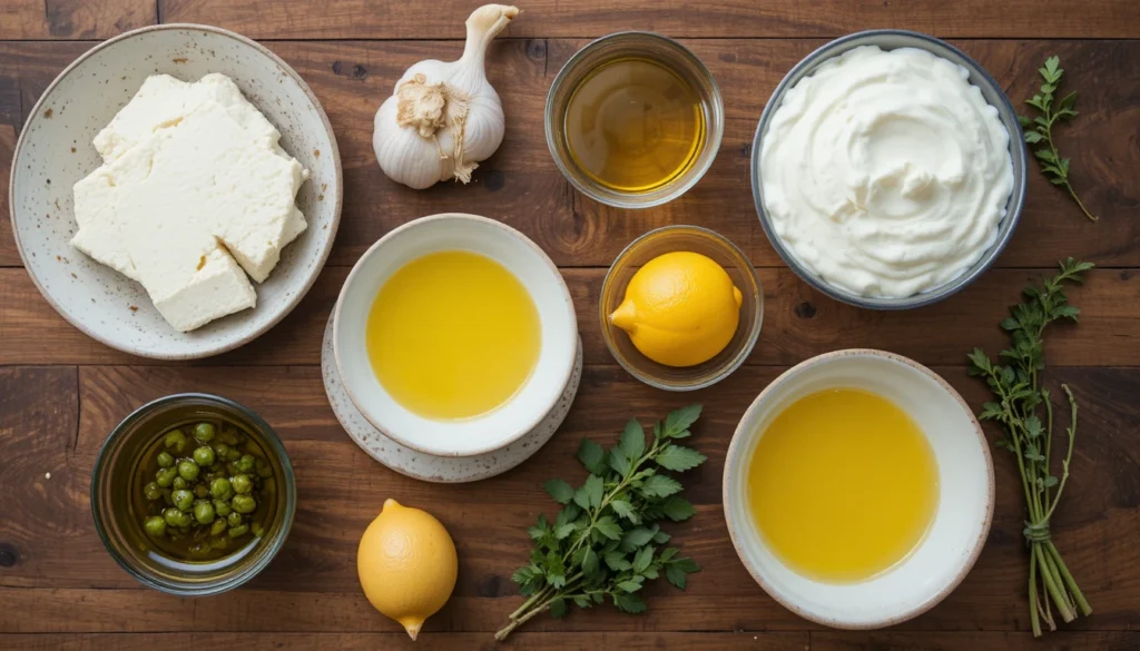 Ingredients for Garlic Feta Dip including feta, garlic, Greek yogurt, olive oil, and herbs.