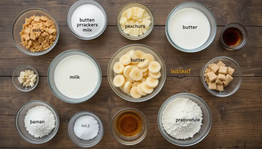 “Flat lay of ingredients for No Bake Mini Banana Cream Pies including graham cracker crumbs, butter, sliced bananas, pudding mix, milk, whipped cream, powdered sugar, and vanilla extract.”