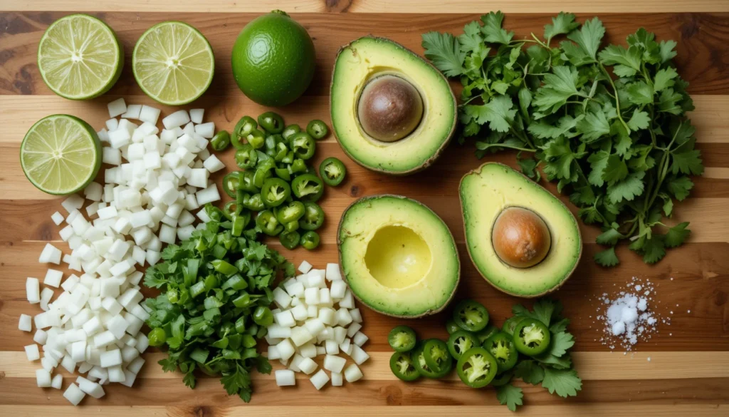 Ingredients for Perfect Guacamole including avocados, lime, onions, jalapeños, and cilantro.
