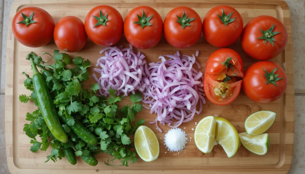 Ingredients for restaurant salsa including tomatoes, jalapeños, onions, cilantro, lime, and garlic.