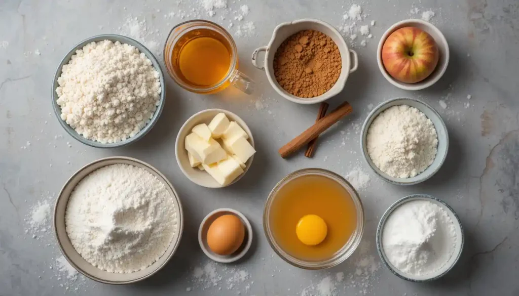 Ingredients for Spiced Apple Cider Donut Loaf including apple cider, flour, sugar, butter, cinnamon, and eggs