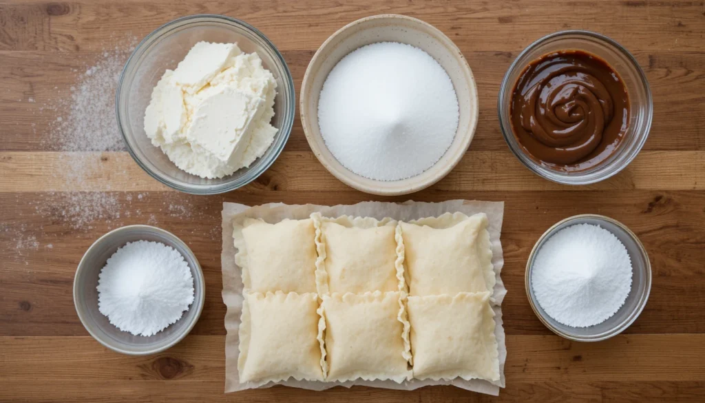 Ingredients for Sweet Cream Cheese Wontons including cream cheese, sugar, and wonton wrappers