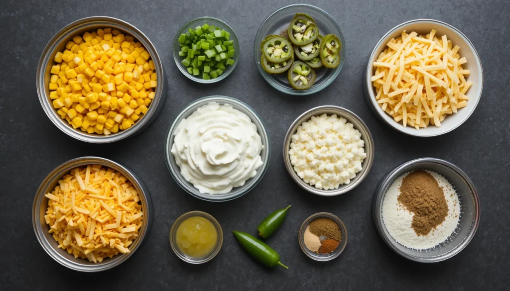 Ingredients for traditional corn dip including corn, cheese, cream cheese, sour cream, and jalapeños.