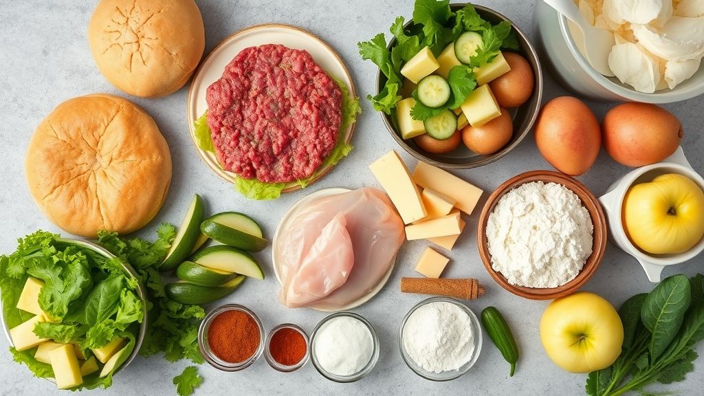 Ingredients for the Ultimate McDonald’s Feast including burger buns, beef, cheese, potatoes, chicken, and apples