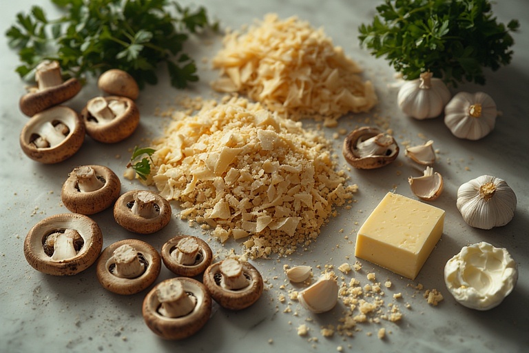 Ingredients for White Cheddar Stuffed Mushrooms including mushrooms, cheddar, garlic, and breadcrumbs.