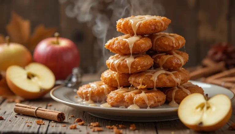 Irresistible Apple Fritter Bites glazed and stacked on a plate with fresh apples and cinnamon