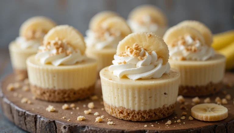 Mini Banana Pudding Cheesecakes topped with whipped cream, banana slices, and vanilla wafer crumbs.