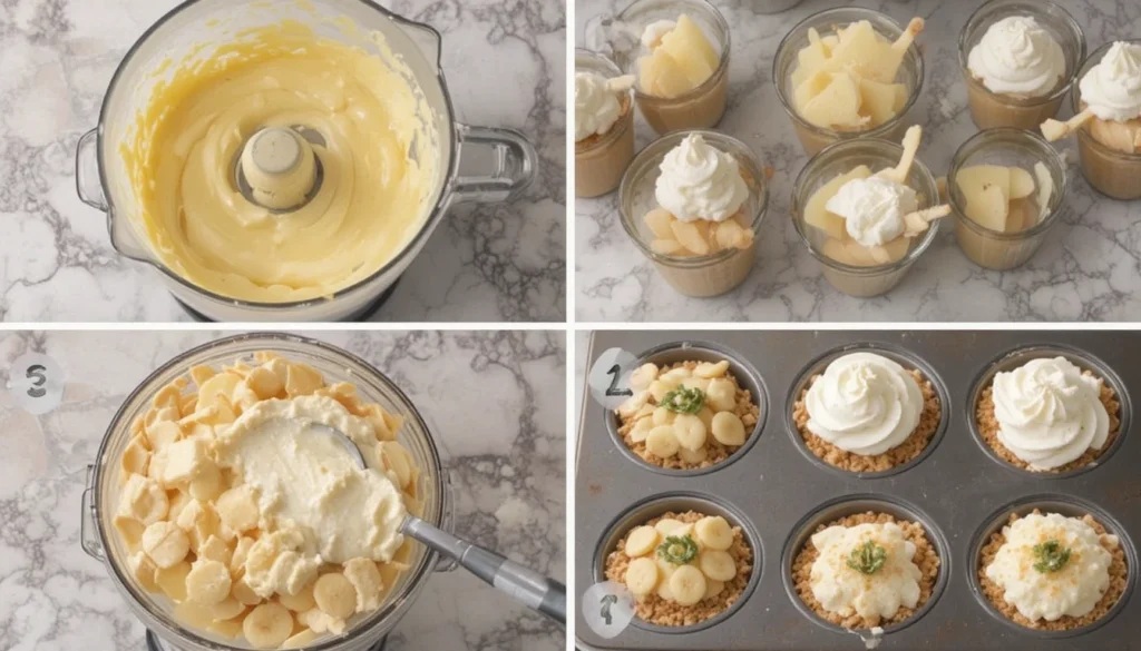 Step-by-step instructions for making Mini Banana Pudding Cheesecakes from layering to baking to topping.