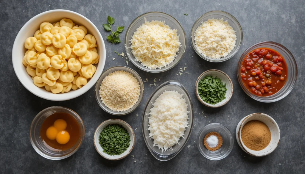 Ingredients for Parmesan Crusted Tortellini Bites including tortellini, parmesan, breadcrumbs, and eggs.