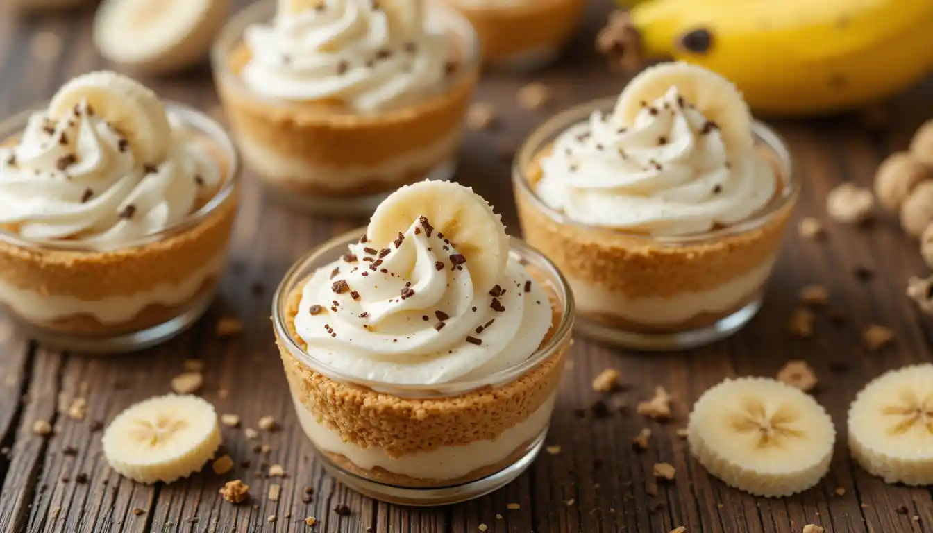 No Bake Mini Banana Cream Pies with graham cracker crust, fresh banana slices, creamy vanilla pudding, and whipped cream topping served in mini tart pans