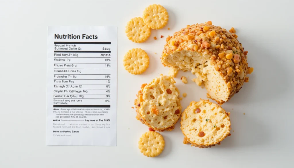 Nutrition facts chart for Bacon Ranch Cheddar Cheese Ball with a serving of cheese ball and crackers