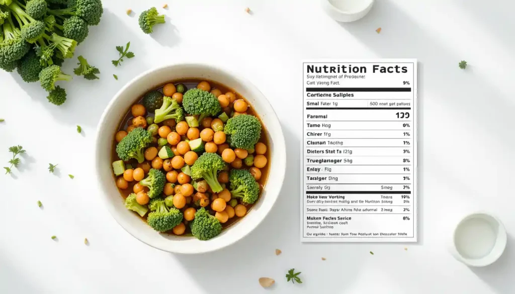 Nutrition facts chart for Chickpea Broccoli Stir Fry with Garlic Sauce with a bowl of stir fry on the side
