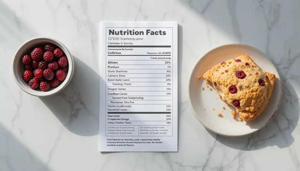 Nutrition facts chart for Easy Cranberry Orange Scones with a fresh scone on a plate