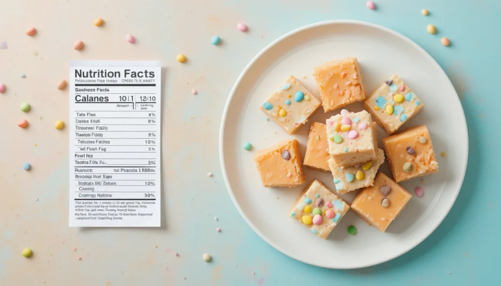 Nutrition facts chart for Easy Easter Fudge with colorful fudge squares on a plate