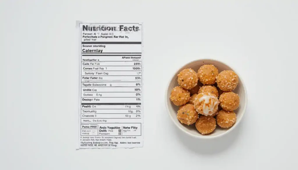 Nutrition facts chart for Irresistible Apple Fritter Bites with a bowl of glazed fritters