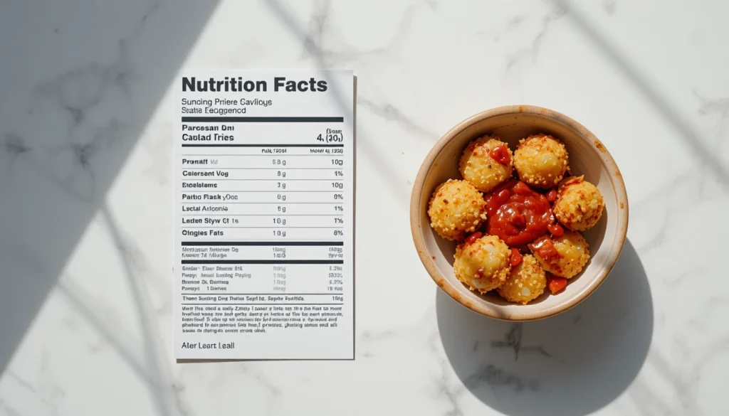 Nutrition facts chart for Parmesan Crusted Tortellini Bites with a bowl of bites and dip