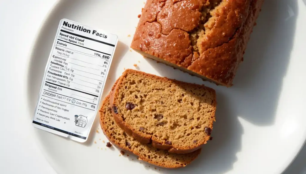 Nutrition facts chart for Spiced Apple Cider Donut Loaf with a slice of loaf on a plate