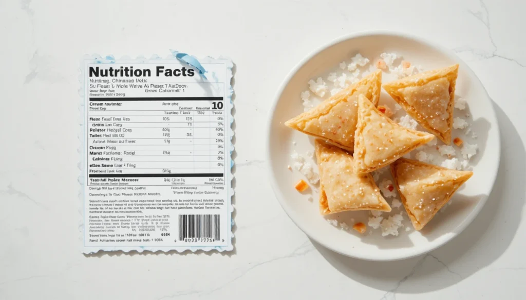 Nutrition facts chart for Sweet Cream Cheese Wontons with a plate of wontons on the side