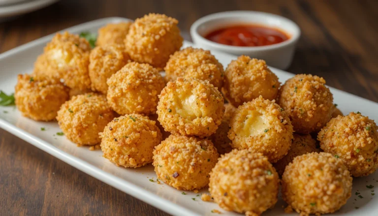 Parmesan Crusted Tortellini Bites served with marinara dipping sauce on a white platter
