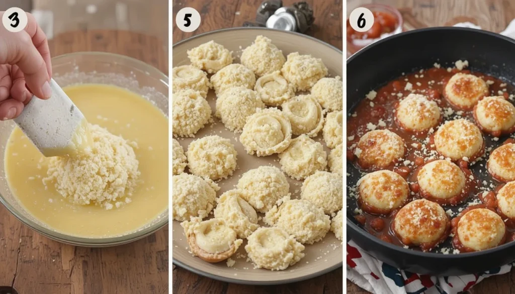 Step-by-step instructions for making parmesan-crusted tortellini bites from coating to serving.
