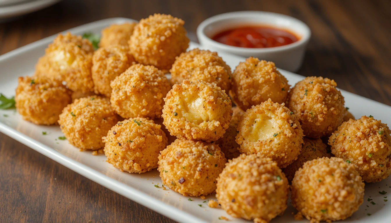 Parmesan Crusted Tortellini Bites served with marinara dipping sauce on a white platter