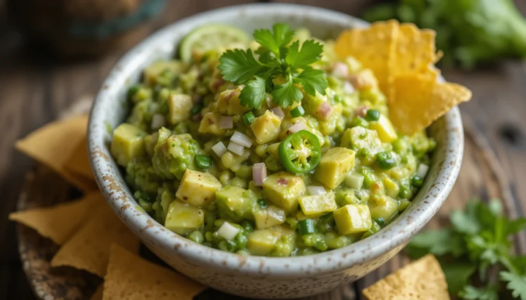 Perfect Guacamole served in a rustic bowl with tortilla chips and fresh cilantro garnish.