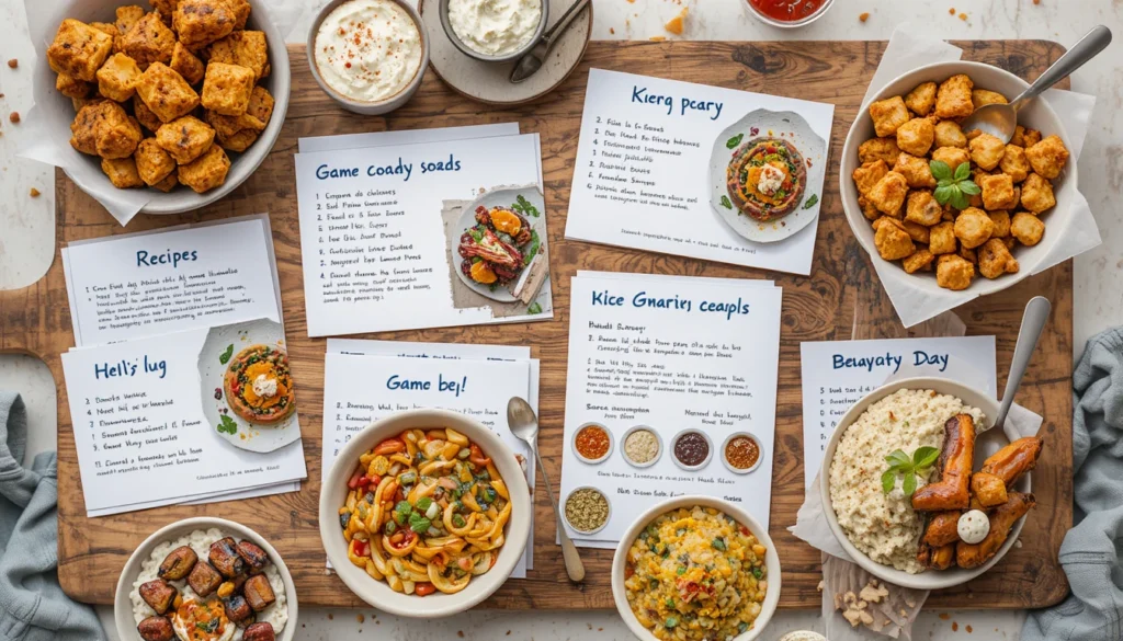 Quick Overview of Recipes showing small dishes and cards with game day food ideas