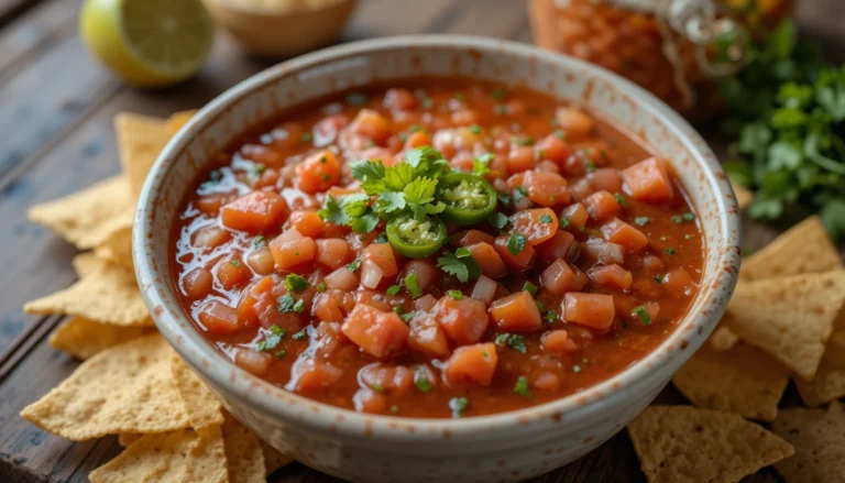 Fresh restaurant salsa (easy homemade recipe) served with tortilla chips in a rustic bowl.