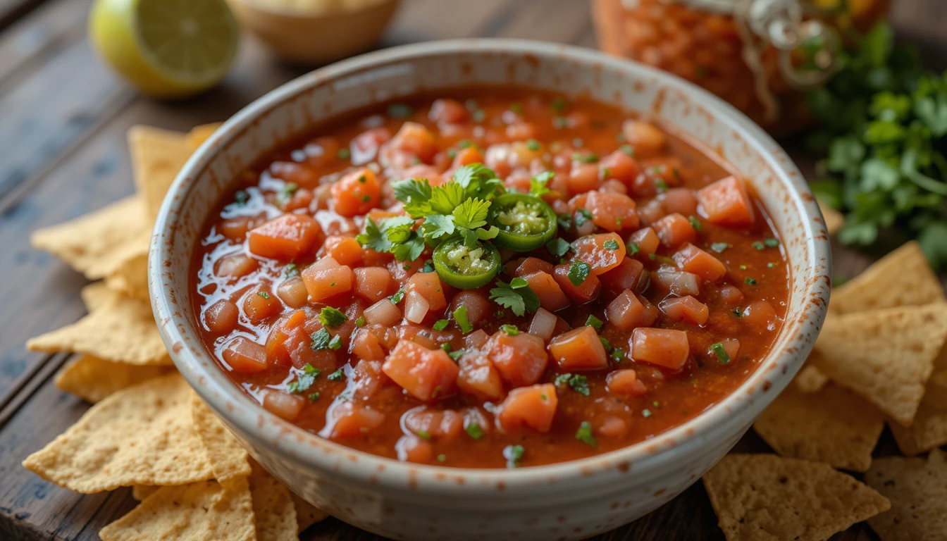 Fresh restaurant salsa (easy homemade recipe) served with tortilla chips in a rustic bowl.