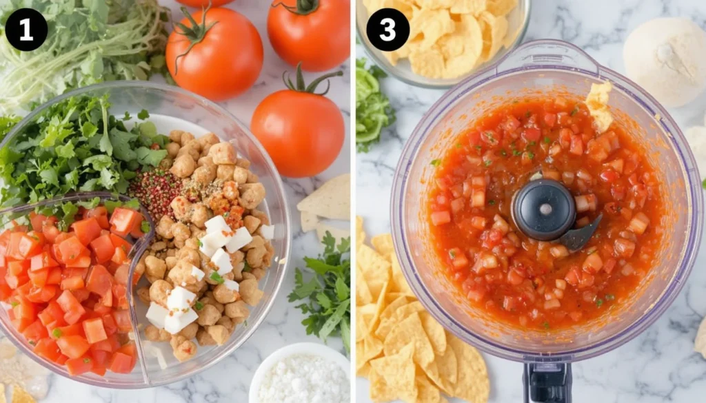 Step-by-step instructions showing how to make restaurant salsa from fresh ingredients