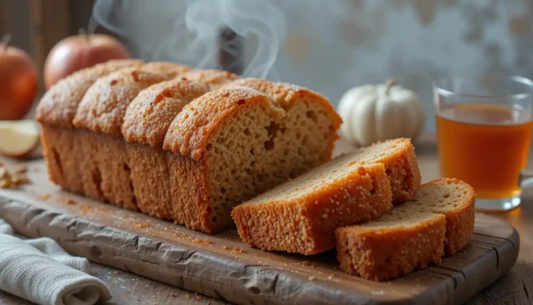 Spiced Apple Cider Donut Loaf with a cinnamon sugar crust sliced on a wooden board with apple cider