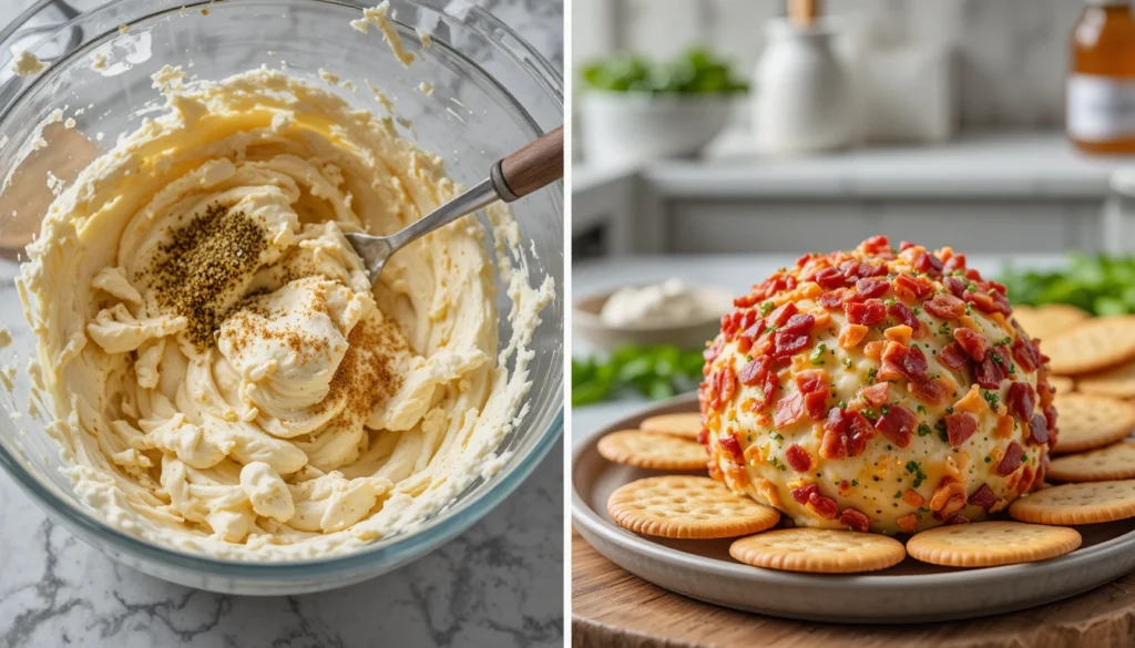 Step-by-step instructions for making Bacon Ranch Cheddar Cheese Ball from mixing to serving